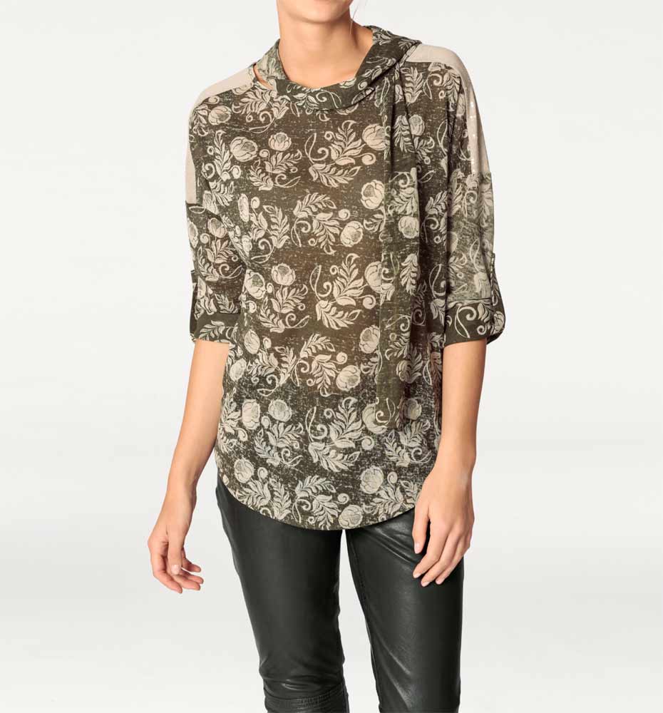 Rick Cardona Damen Designer-Druckshirt mit Schal, khaki