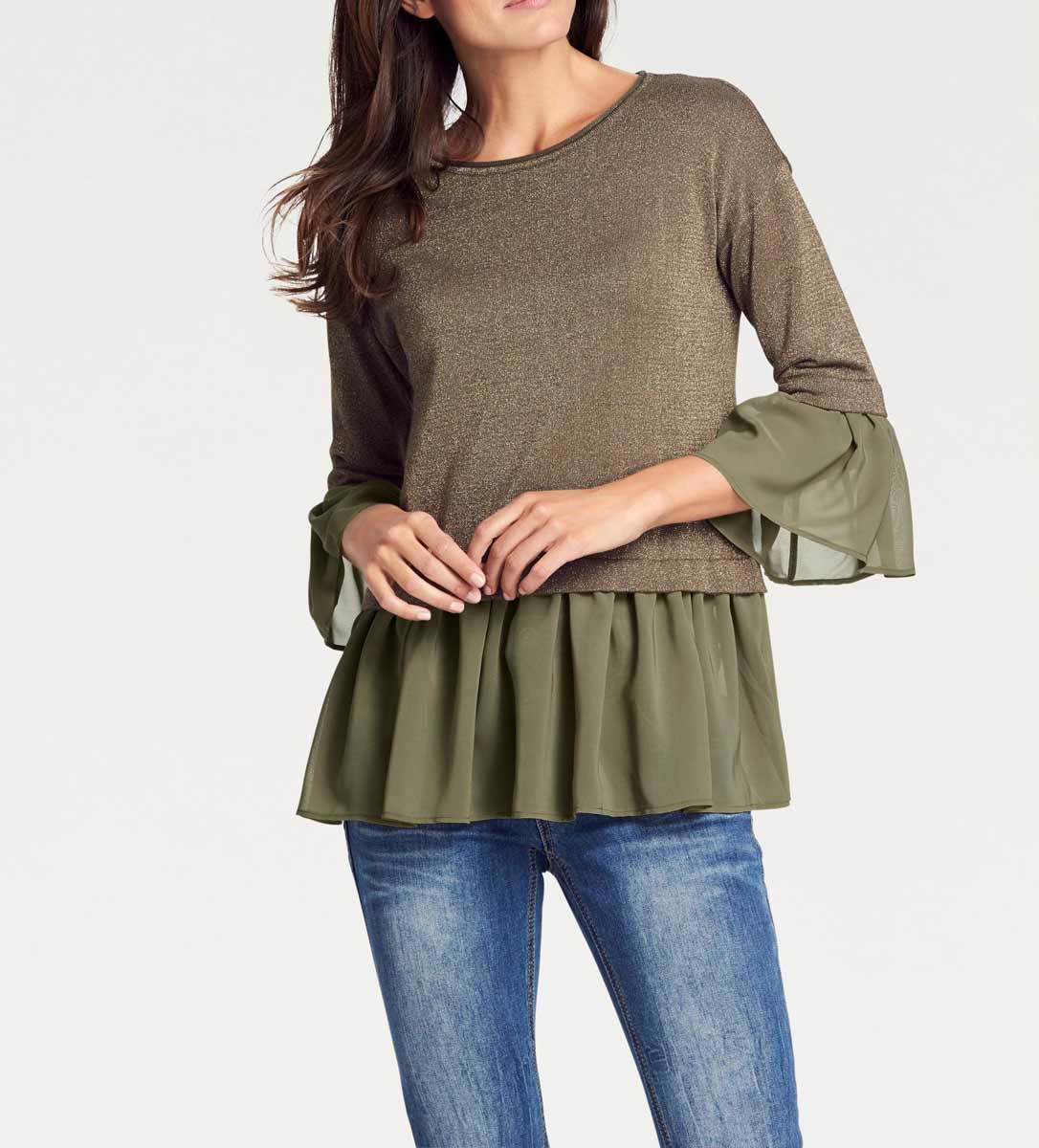 Heine Damen 2-in-1-Pullover mit Chiffon, oliv-goldfarben