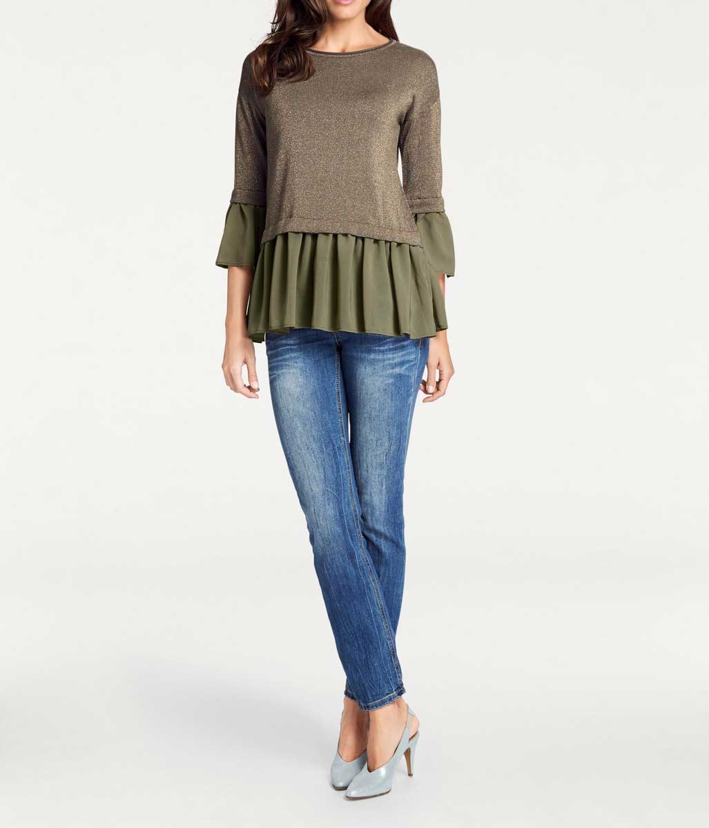 Heine Damen 2-in-1-Pullover mit Chiffon, oliv-goldfarben
