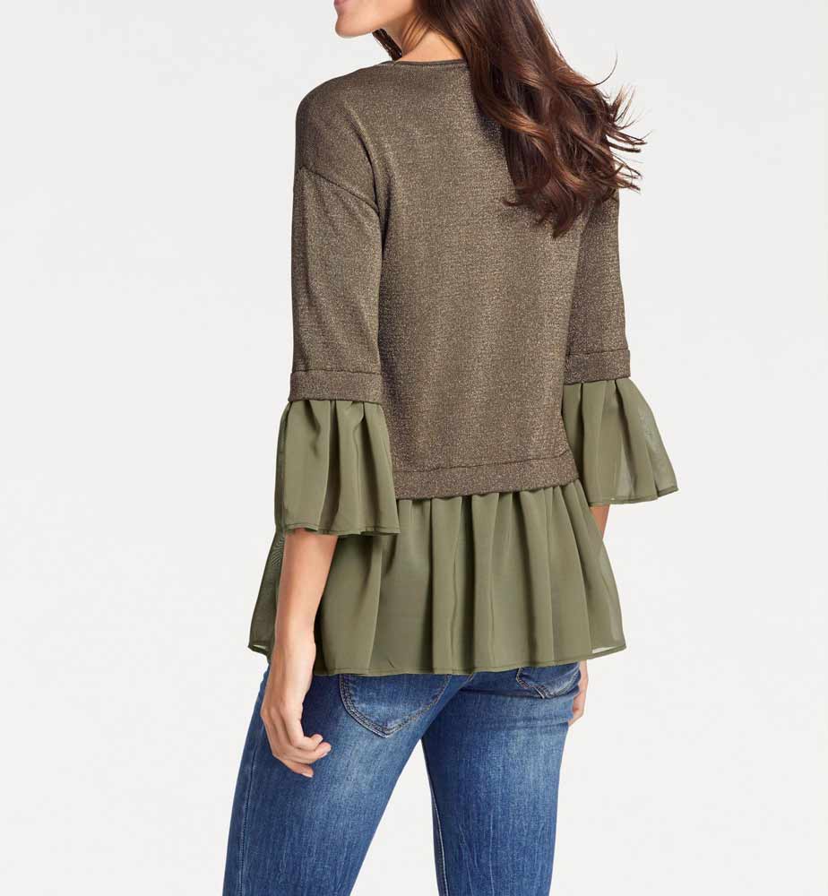 Heine Damen 2-in-1-Pullover mit Chiffon, oliv-goldfarben