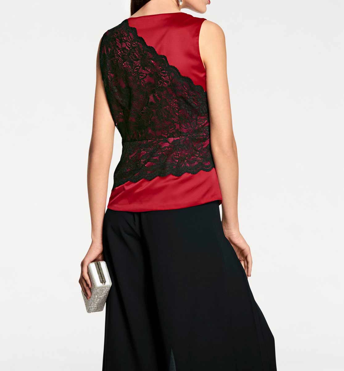Ashley Brooke Damen Designer-Satin-Spitzenshirt, rot-schwarz