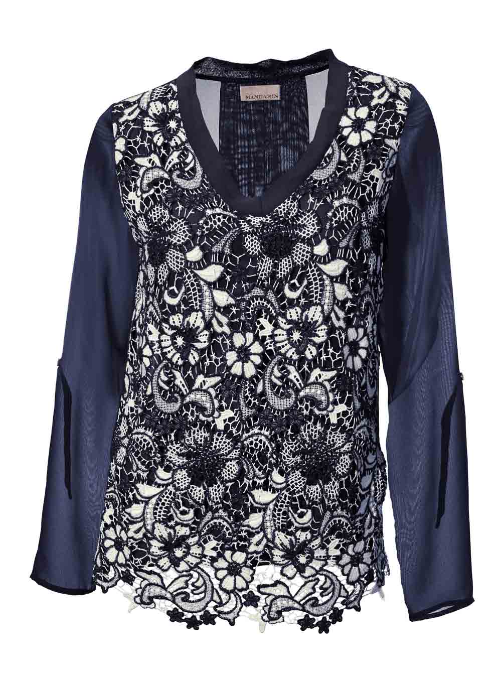 Mandarin Damen Blusenshirt mit Spitze, marine