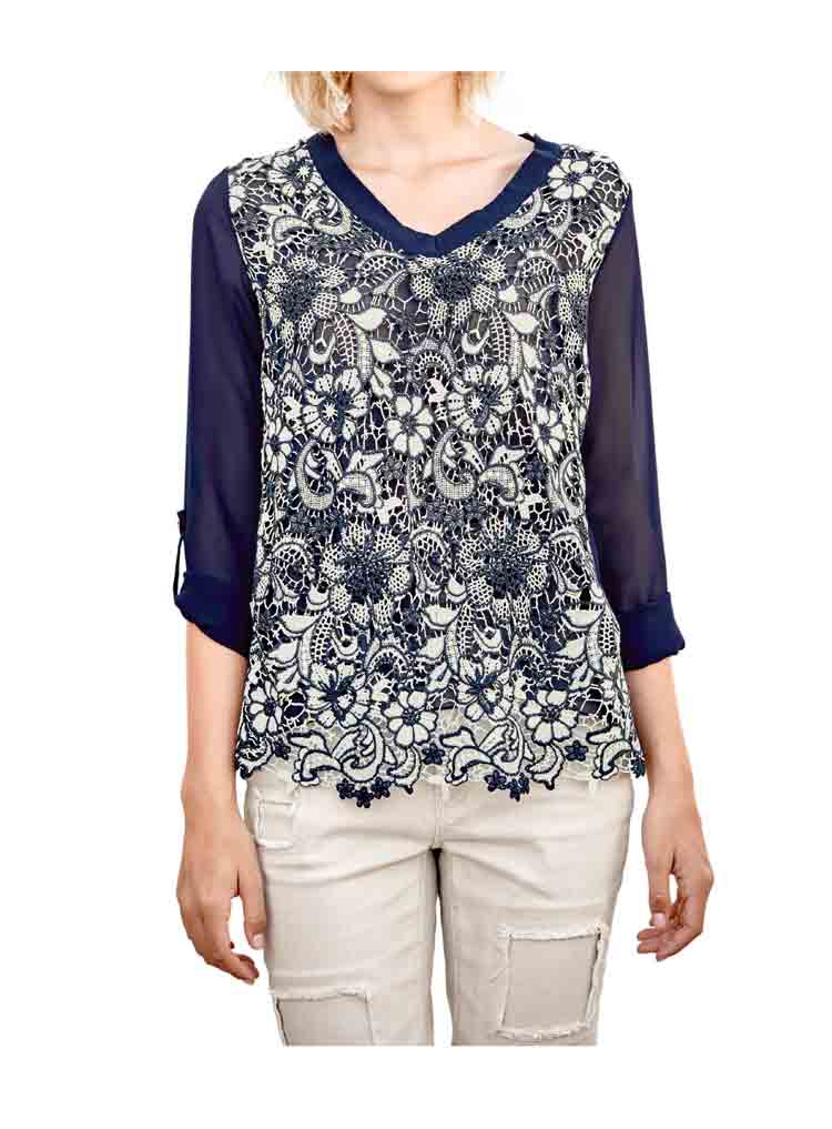 Mandarin Damen Blusenshirt mit Spitze, marine