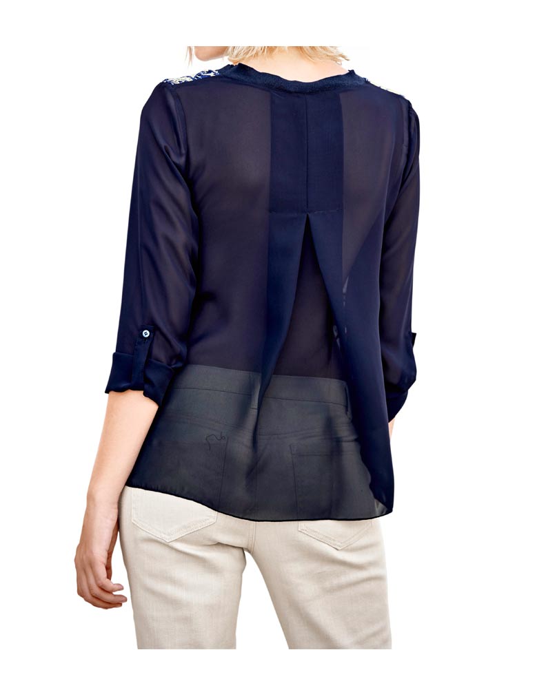 Mandarin Damen Blusenshirt mit Spitze, marine