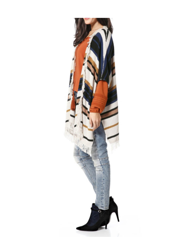 Mandarin Damen Strickponcho, sand-bunt
