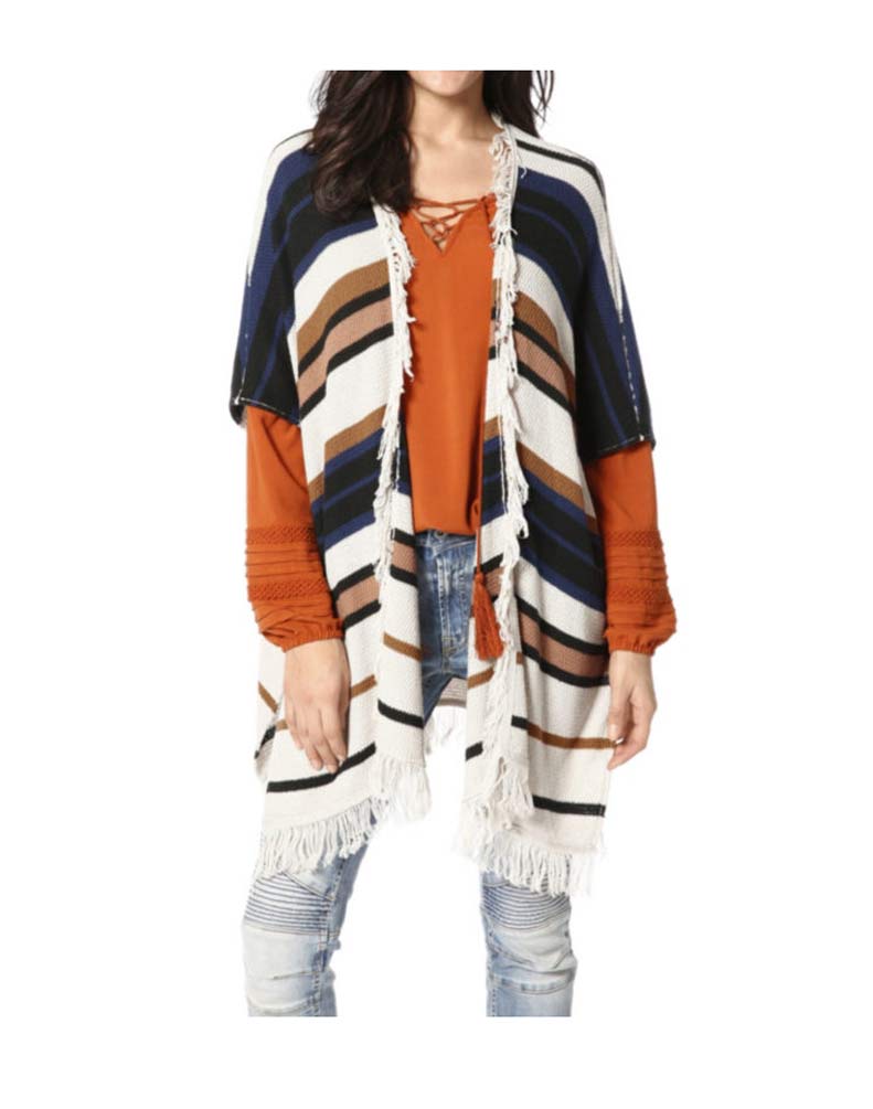 Mandarin Damen Strickponcho, sand-bunt