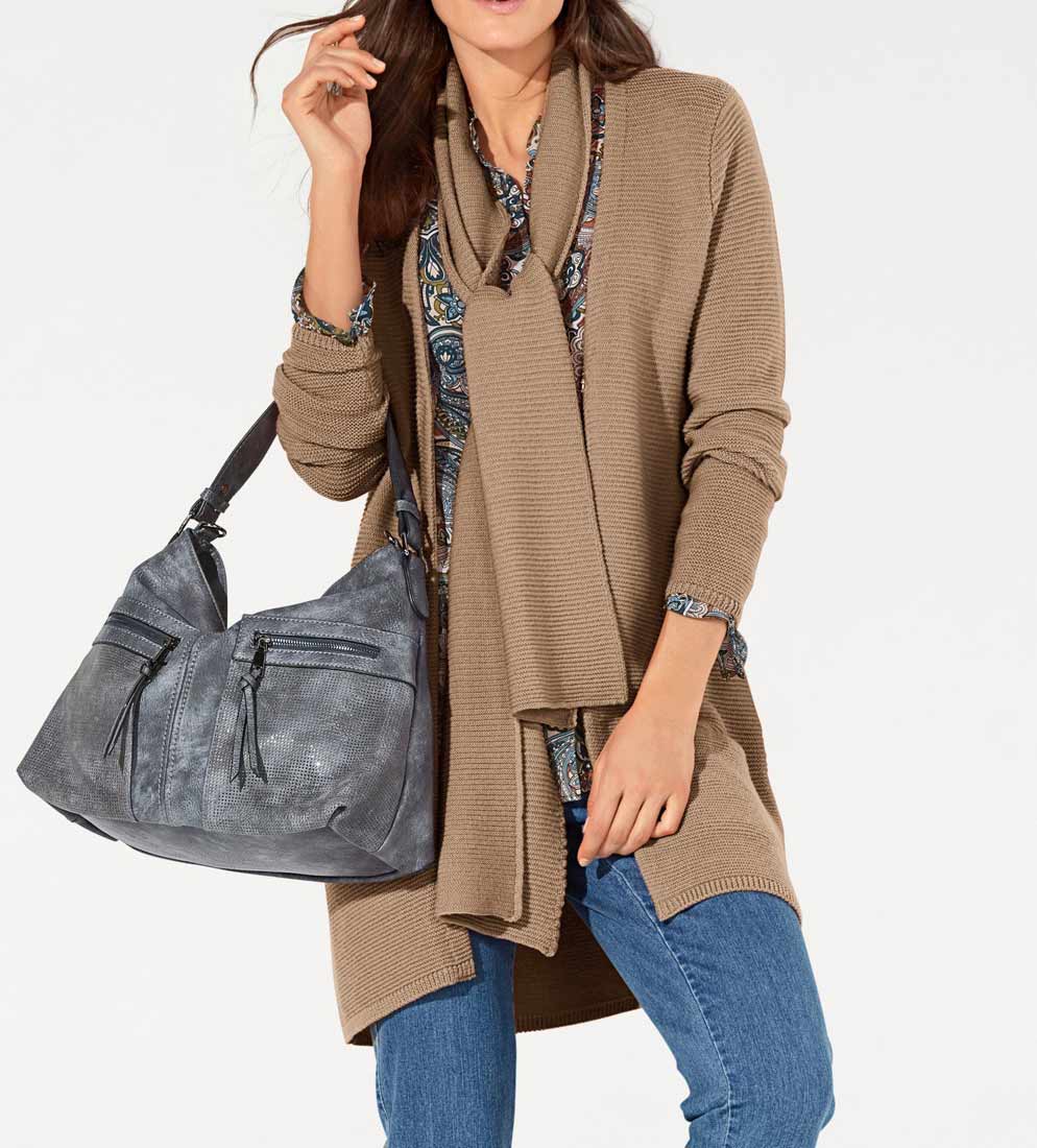 Patrizia Dini Damen Merinowolle-Cardigan mit Schal, camel