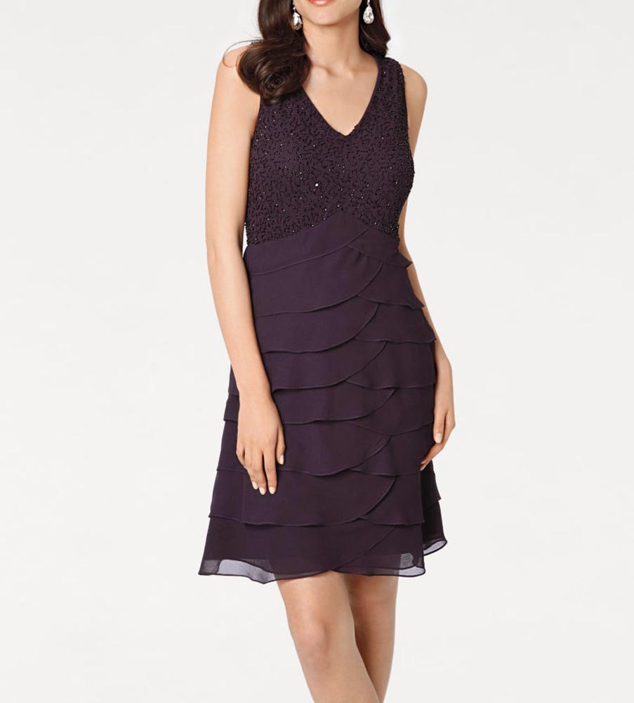 Ashley Brooke Damen Designer-Perlen-Volantkleid, pflaume