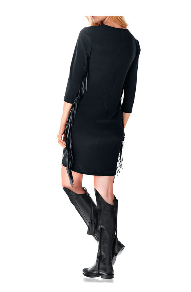 Rick Cardona Damen Designer-Kleid mit Fransen, schwarz
