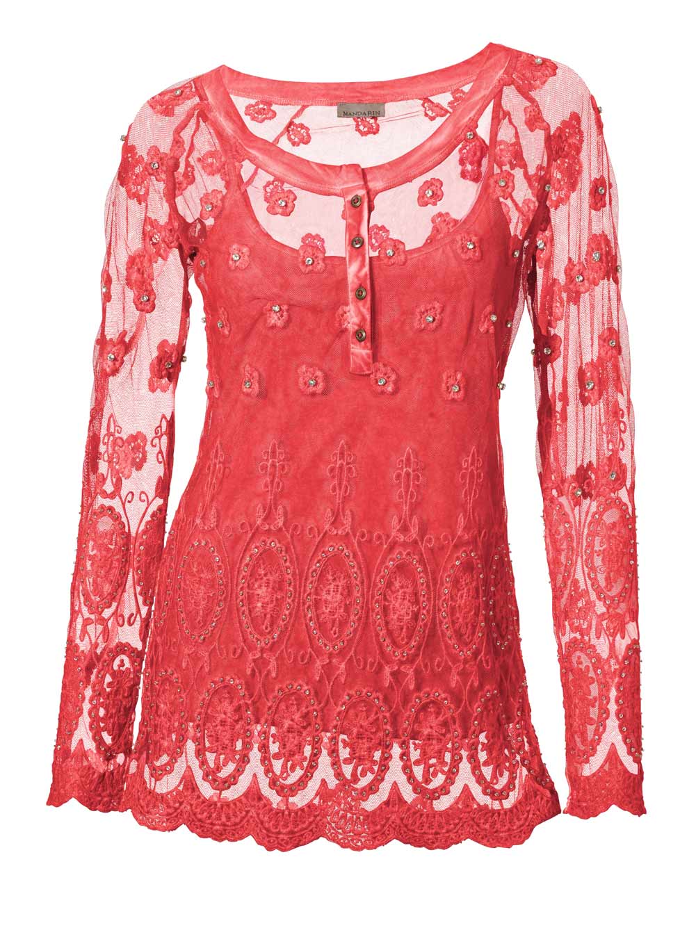 Mandarin Damen Spitzenshirt und Top, koralle