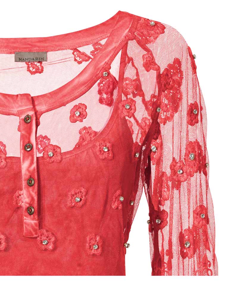Mandarin Damen Spitzenshirt und Top, koralle