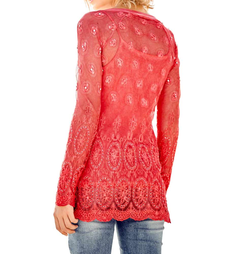 Mandarin Damen Spitzenshirt und Top, koralle