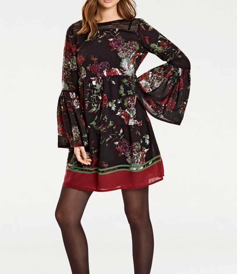 Heine - Best Connections Damen Volant-Druckkleid, braun-rot-bunt