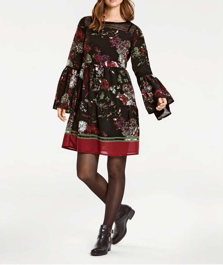 Heine - Best Connections Damen Volant-Druckkleid, braun-rot-bunt