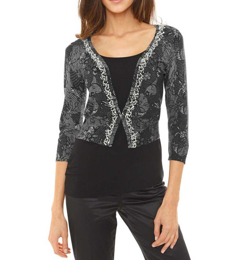 ASHLEY BROOKE Damen Designer-Druckstrickjacke m. Perlen, grau