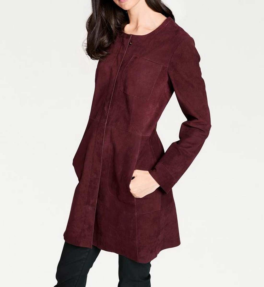 RICK CARDONA Damen Designer-Ziegenveloursledermantel, bordeaux