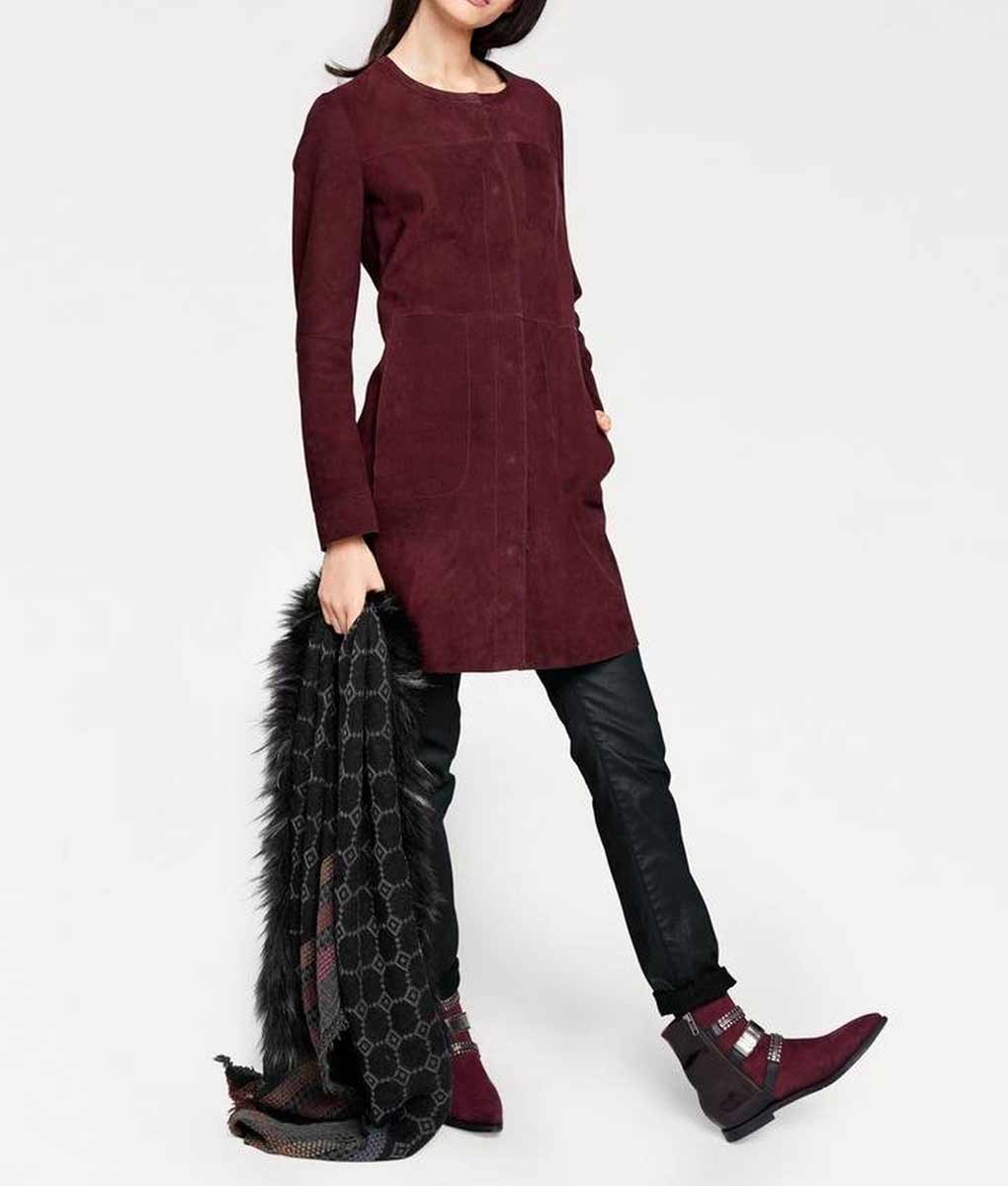 RICK CARDONA Damen Designer-Ziegenveloursledermantel, bordeaux