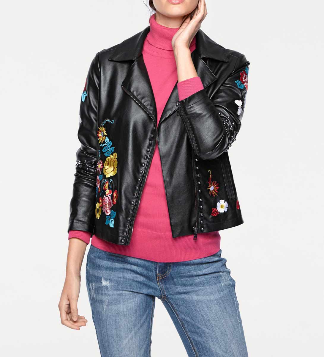 Heine Damen Bikerjacke mit Stickerei, schwarz-bunt