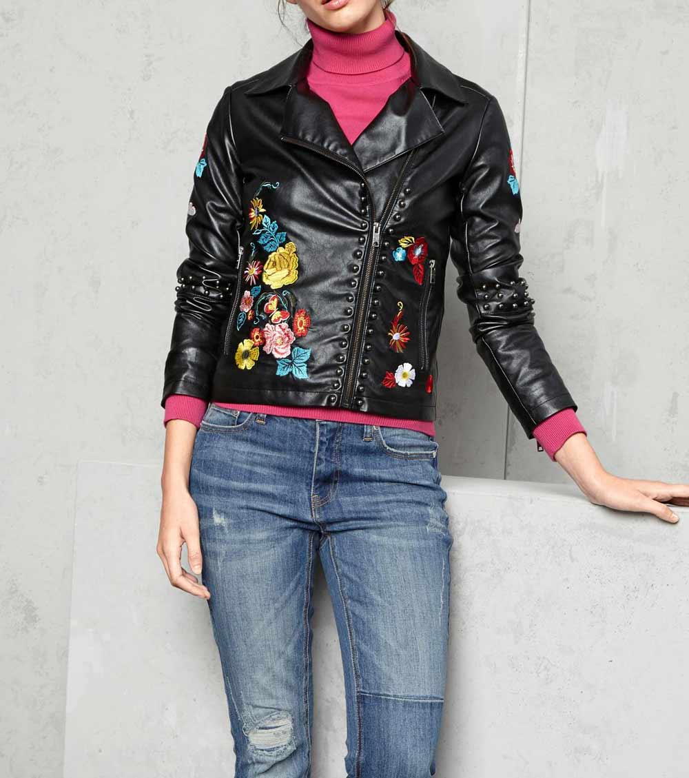 Heine Damen Bikerjacke mit Stickerei, schwarz-bunt