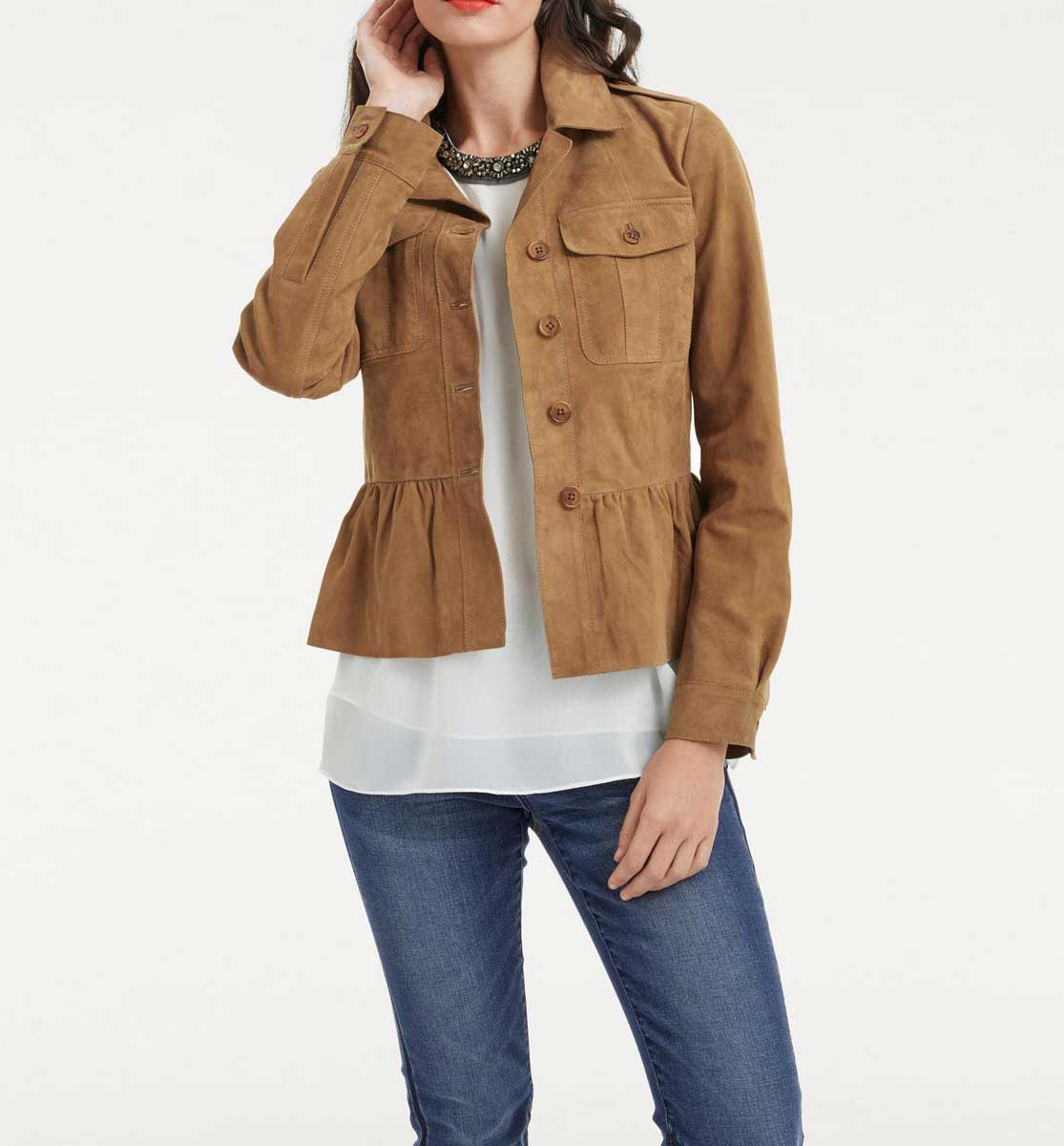 PATRIZIA DINI Damen Designer-Ziegenvelourslederjacke, beige