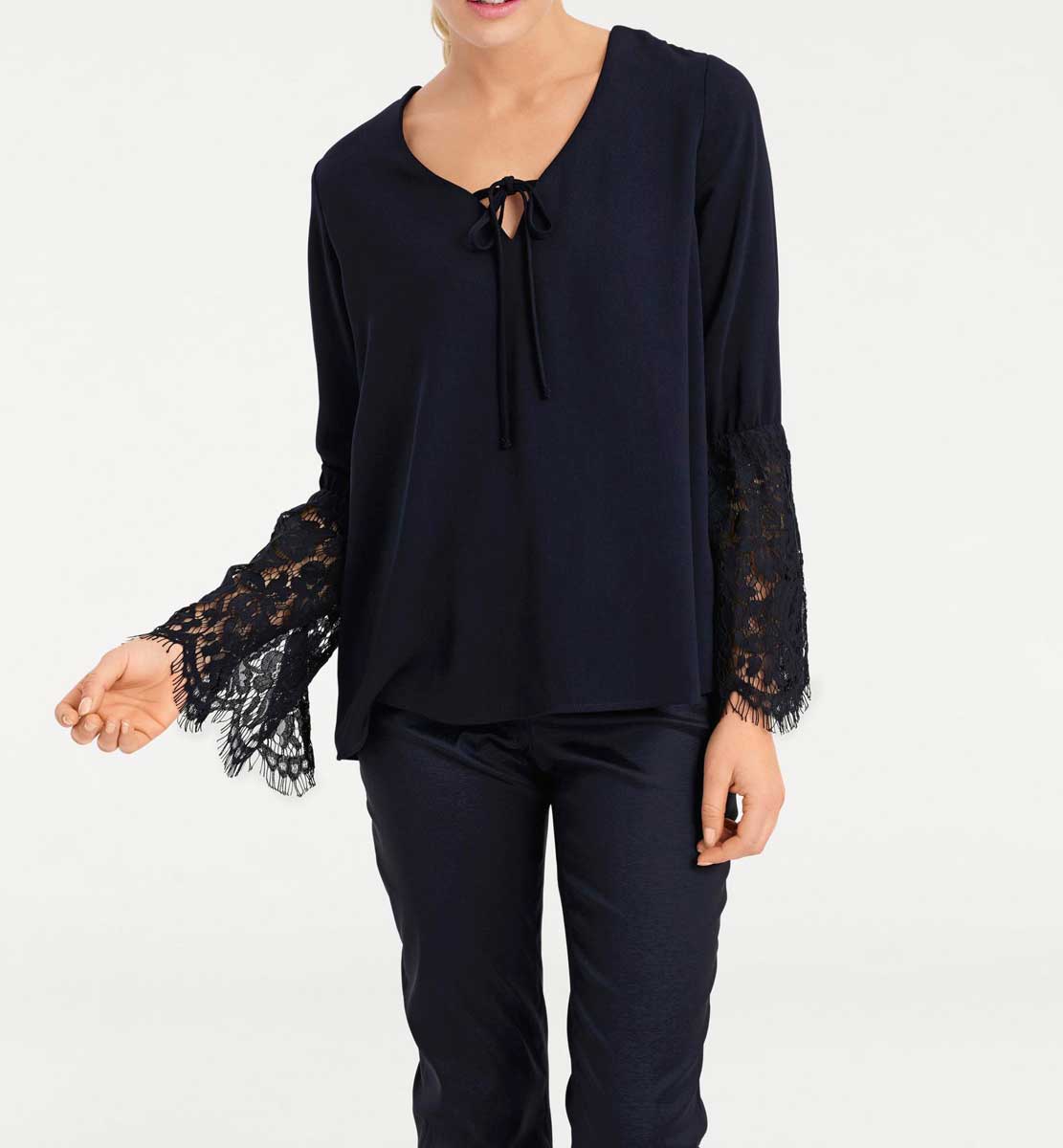 ASHLEY BROOKE Damen Designer-Spitzenbluse, nachtblau