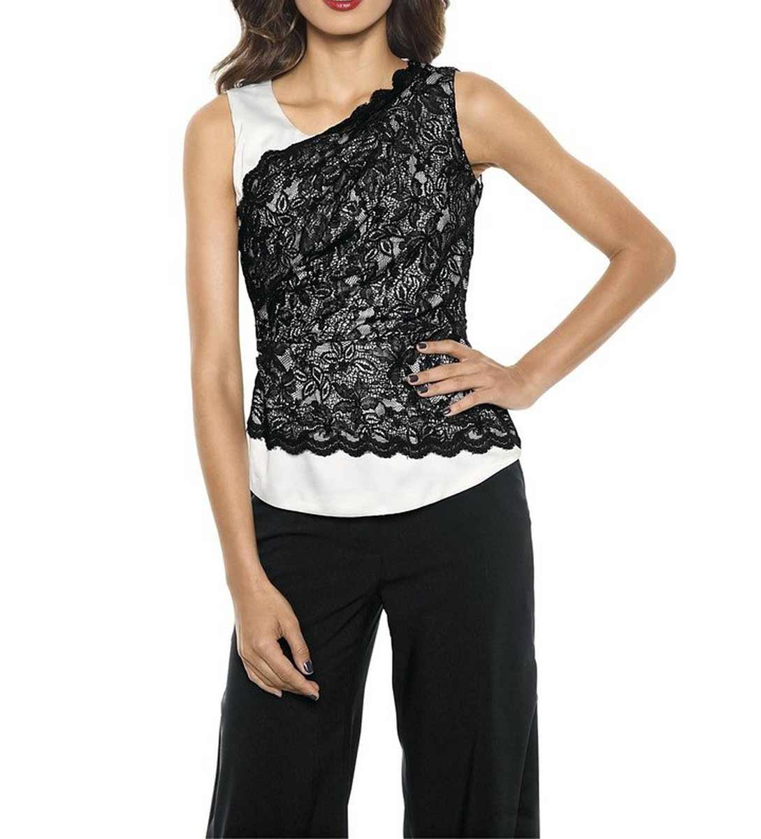 ASHLEY BROOKE EVENT Damen Designer-Satin-Spitzenshirt, offwhite-schwarz