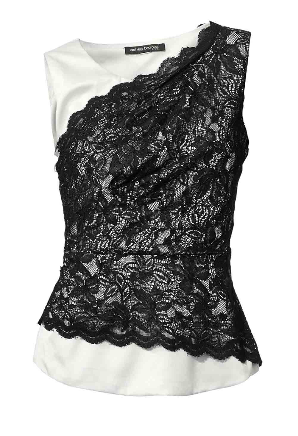 ASHLEY BROOKE EVENT Damen Designer-Satin-Spitzenshirt, offwhite-schwarz