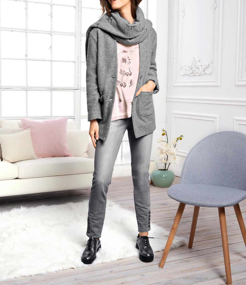 LINEA TESINI Damen Designer-Wollflauschjacke m. Schal, grau
