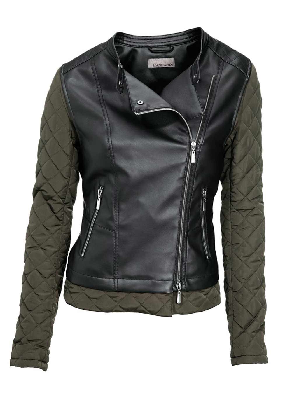 Mandarin Damen Bikerjacke, oliv-schwarz
