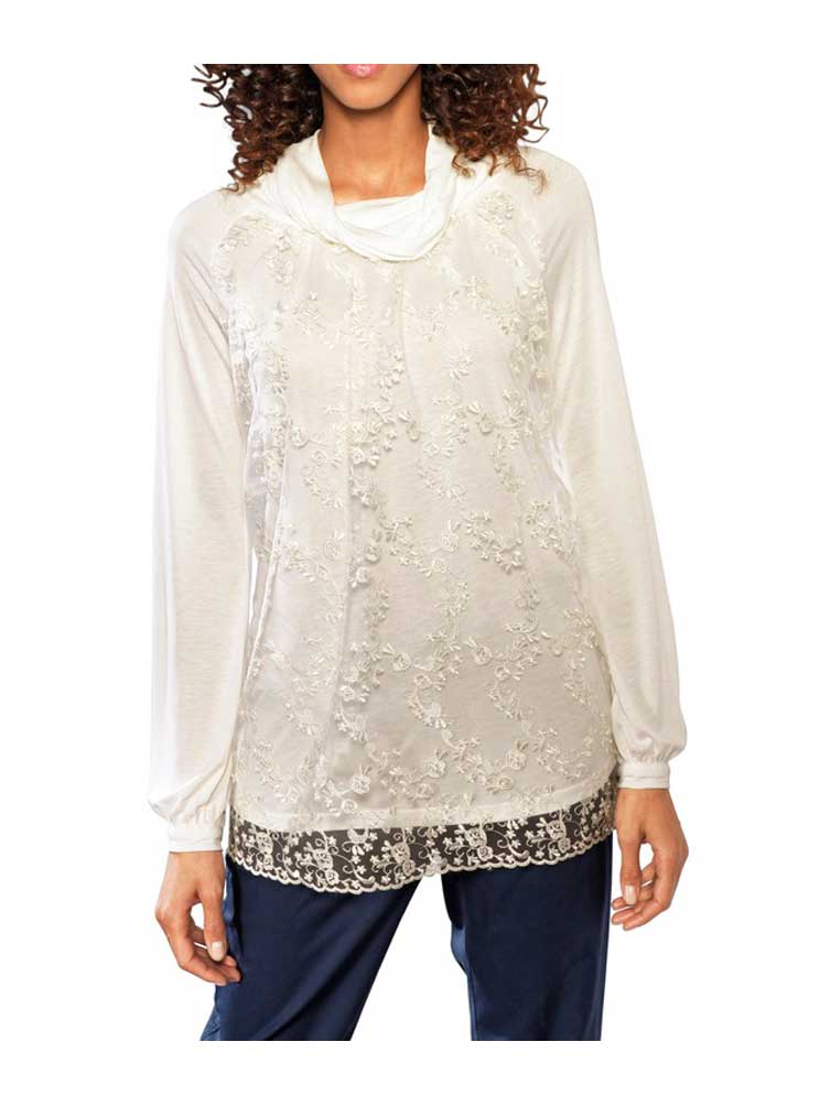 Linea Tesini Damen Designer-Spitzen-Jerseyshirt, ecru