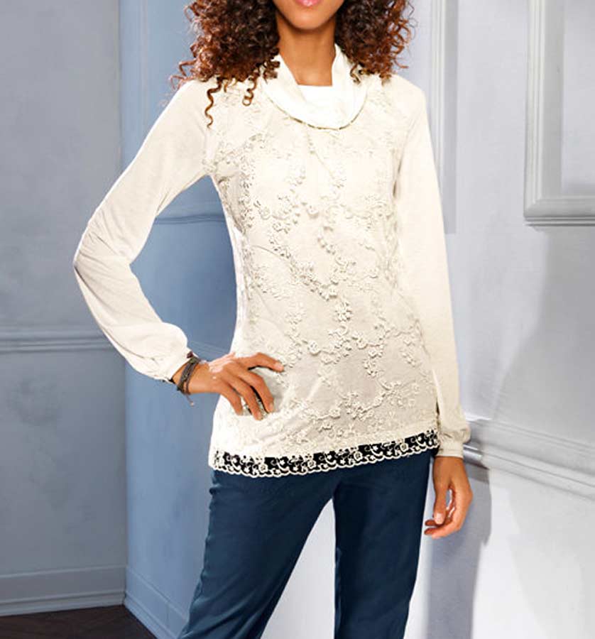 Linea Tesini Damen Designer-Spitzen-Jerseyshirt, ecru