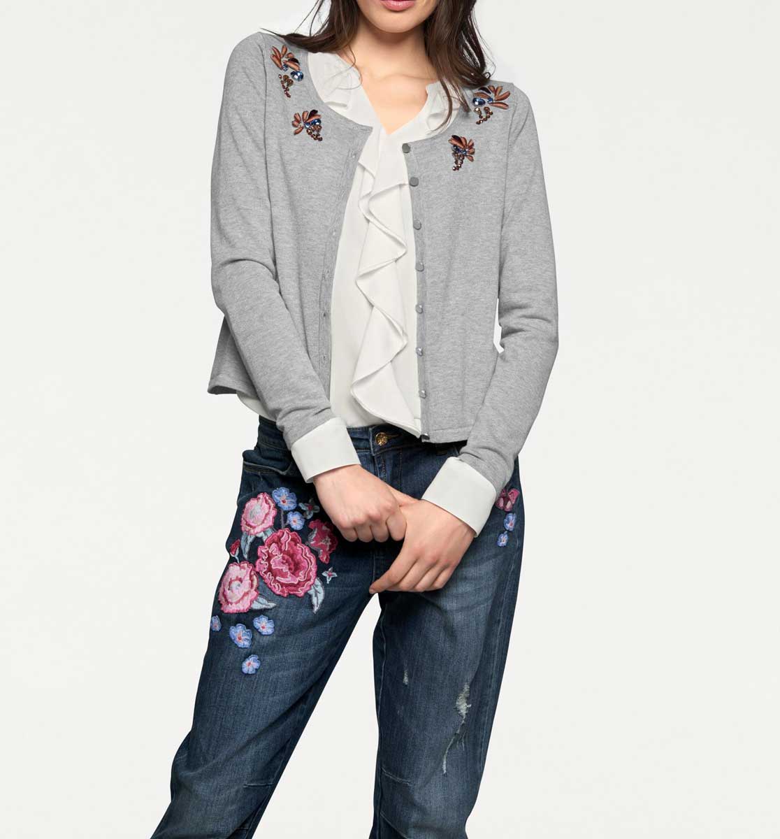 Linea Tesini Damen Designer-Cardigan m. Strass, grau