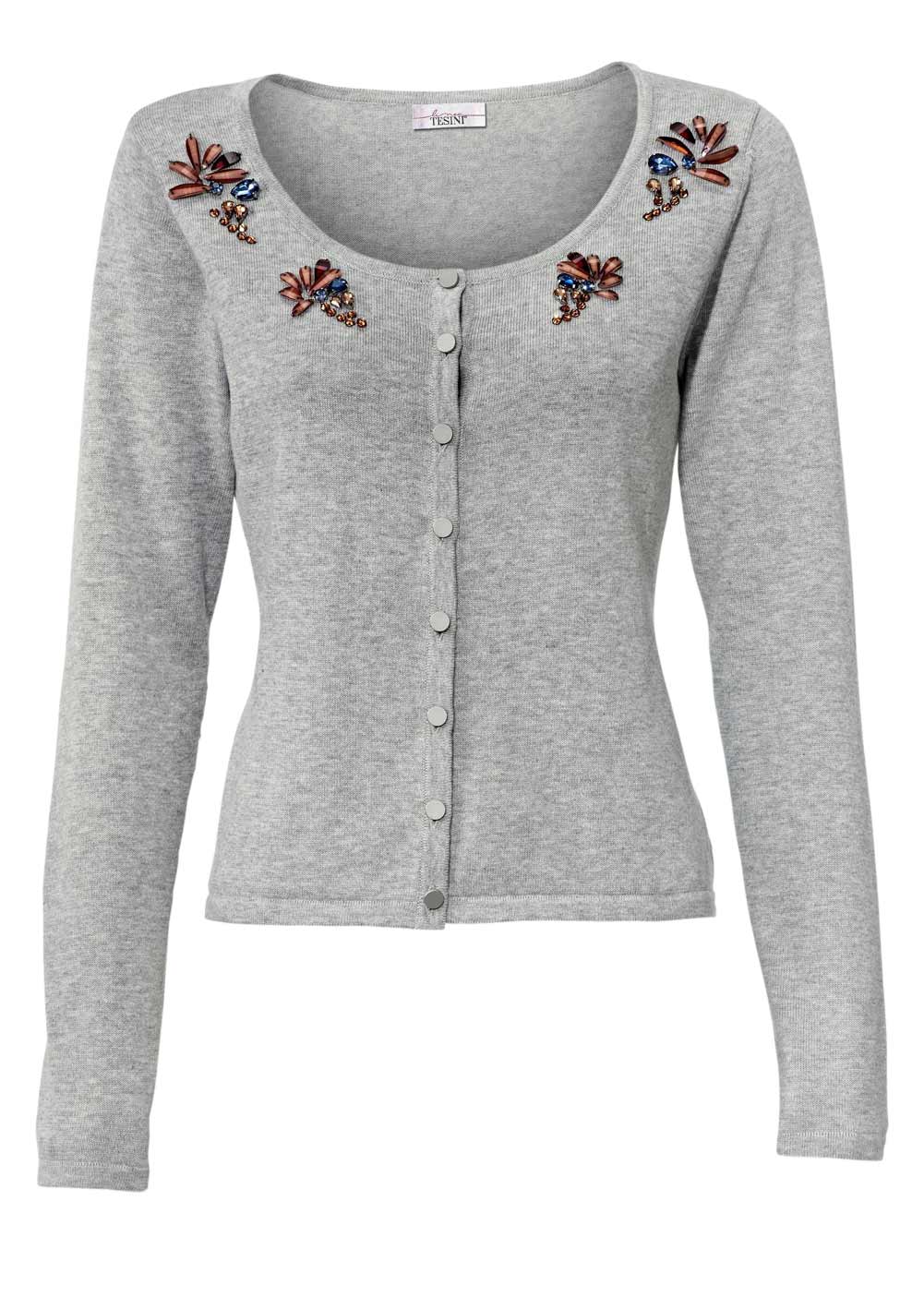 Linea Tesini Damen Designer-Cardigan m. Strass, grau