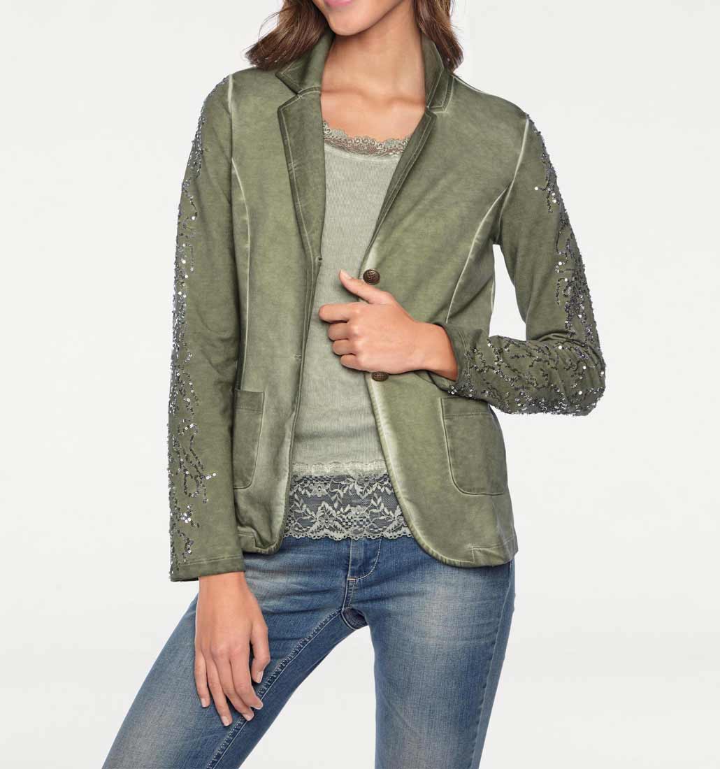 Linea Tesini Damen Designer-Sweatblazer mit Pailletten, oliv