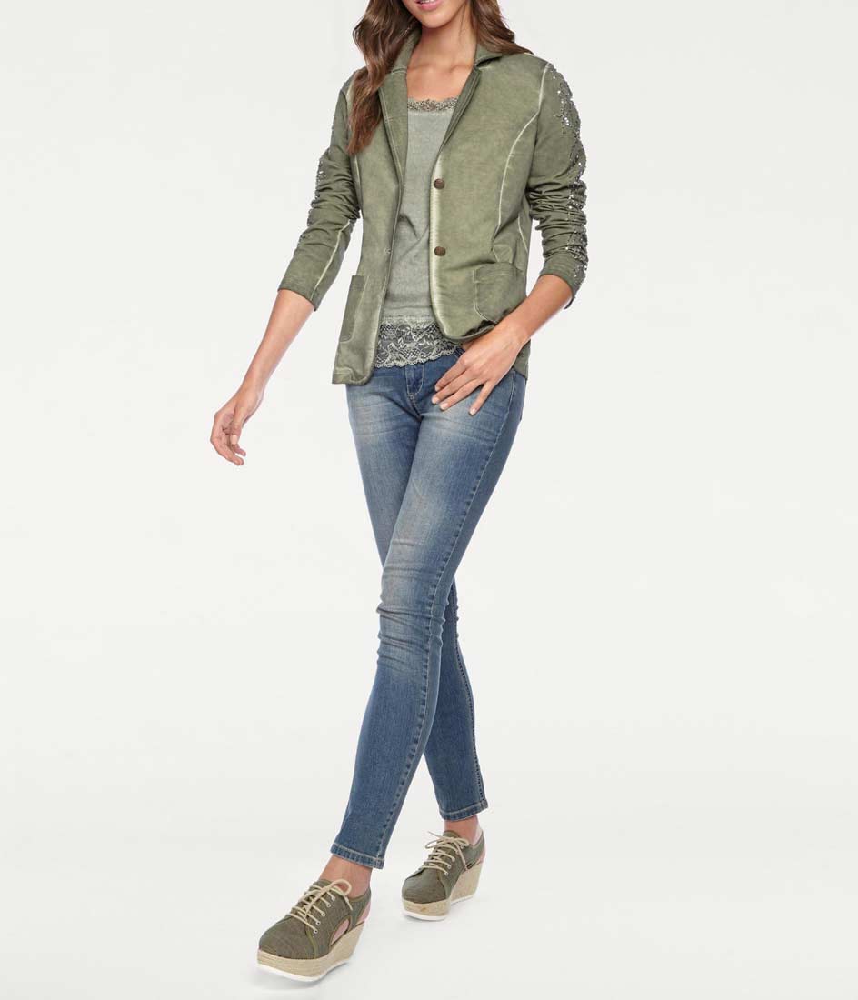 Linea Tesini Damen Designer-Sweatblazer mit Pailletten, oliv