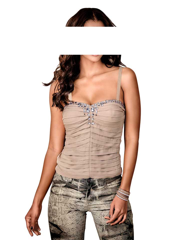 Mandarin Damen Corsage mit Strass, beige
