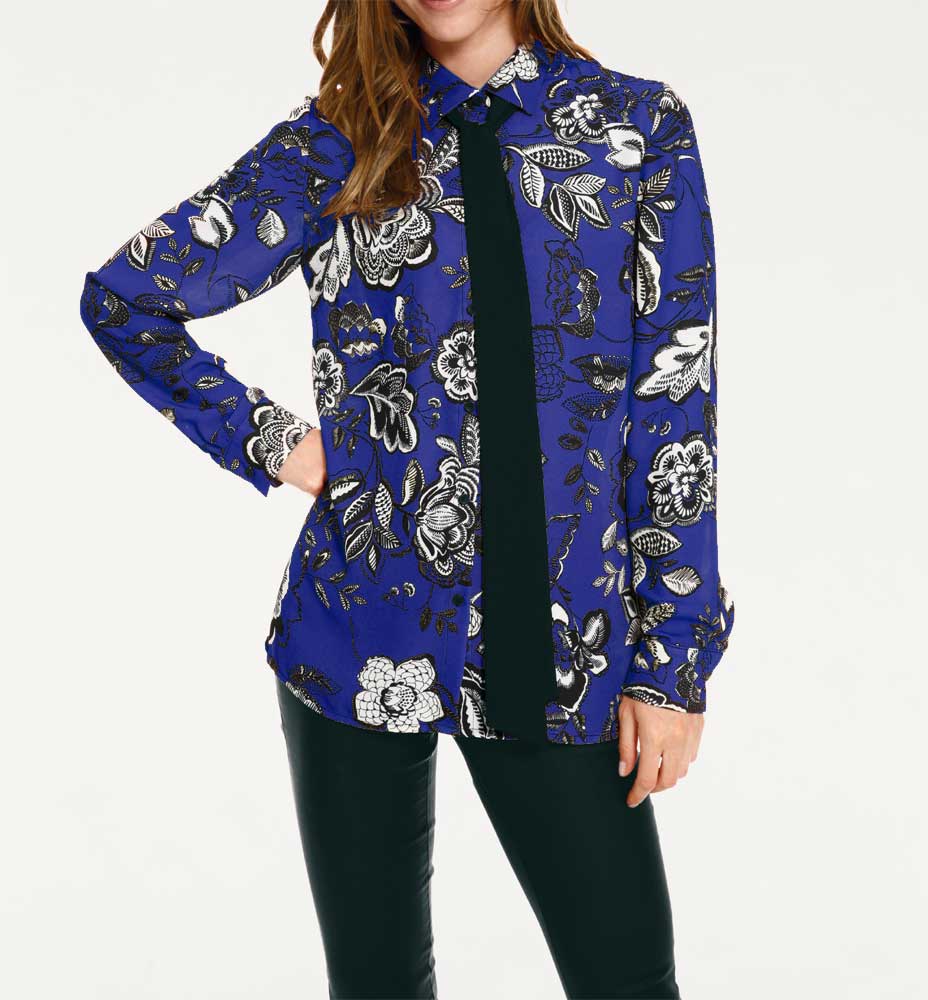 Rick Cardona Damen Designer-Druckbluse mit Krawatte, blau