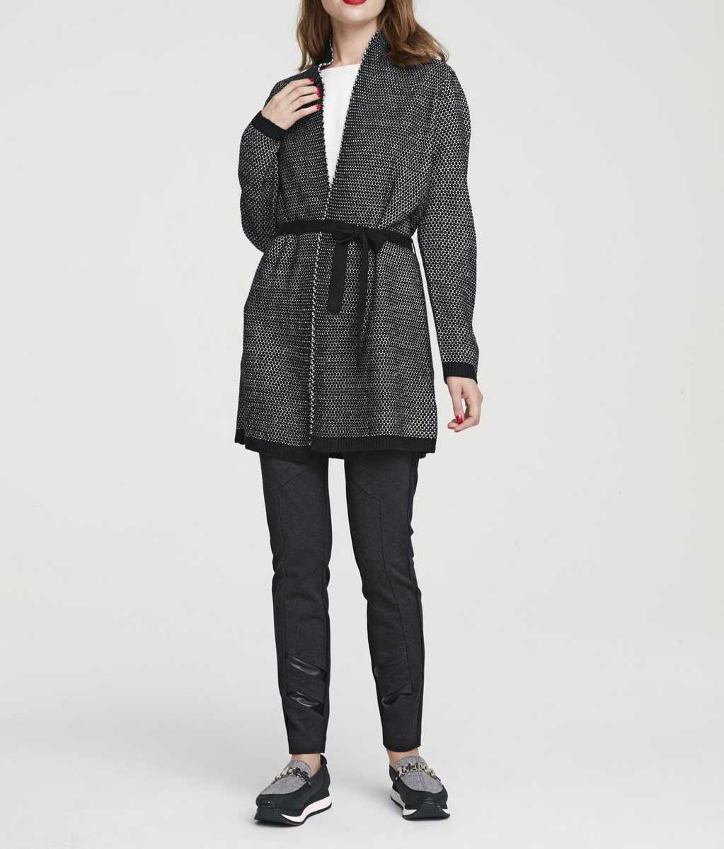 HEINE Damen Longstrickjacke mit Gürtel, schwarz-offwhite