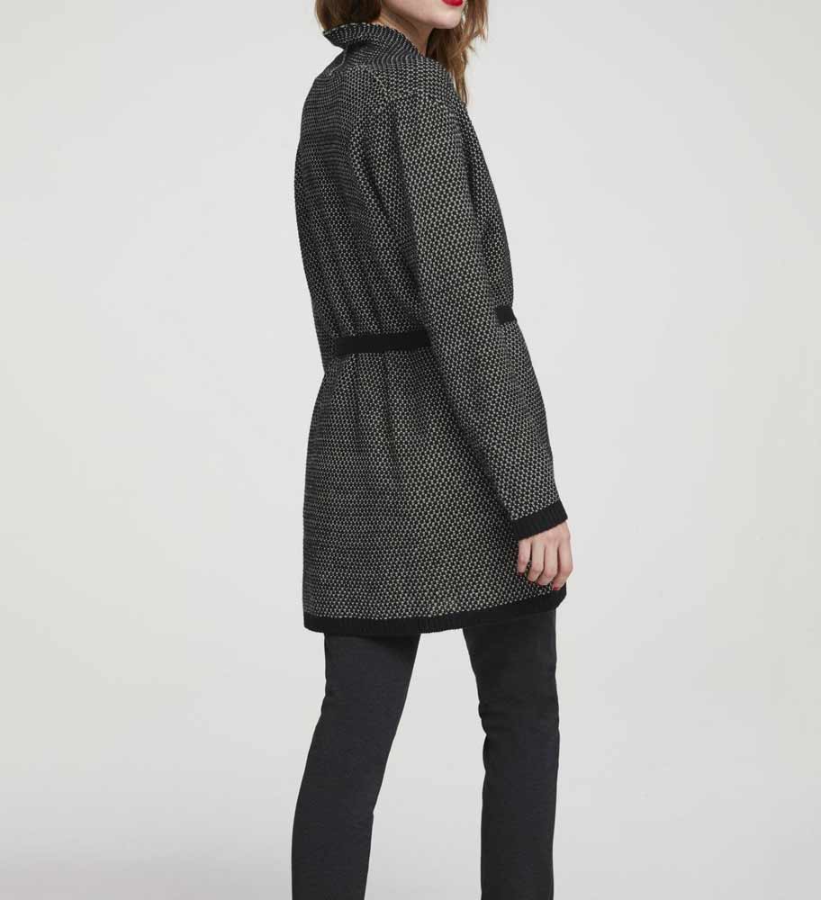 HEINE Damen Longstrickjacke mit Gürtel, schwarz-offwhite