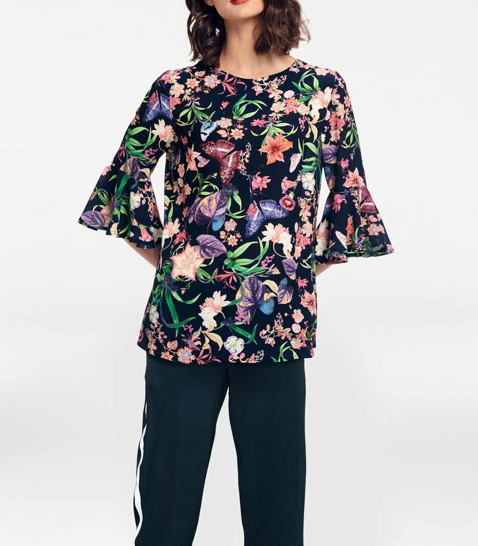 Rick Cardona Damen Designer-Bluse mit Volants, marine-bunt