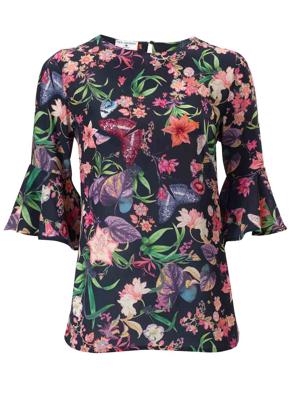 Rick Cardona Damen Designer-Bluse mit Volants, marine-bunt