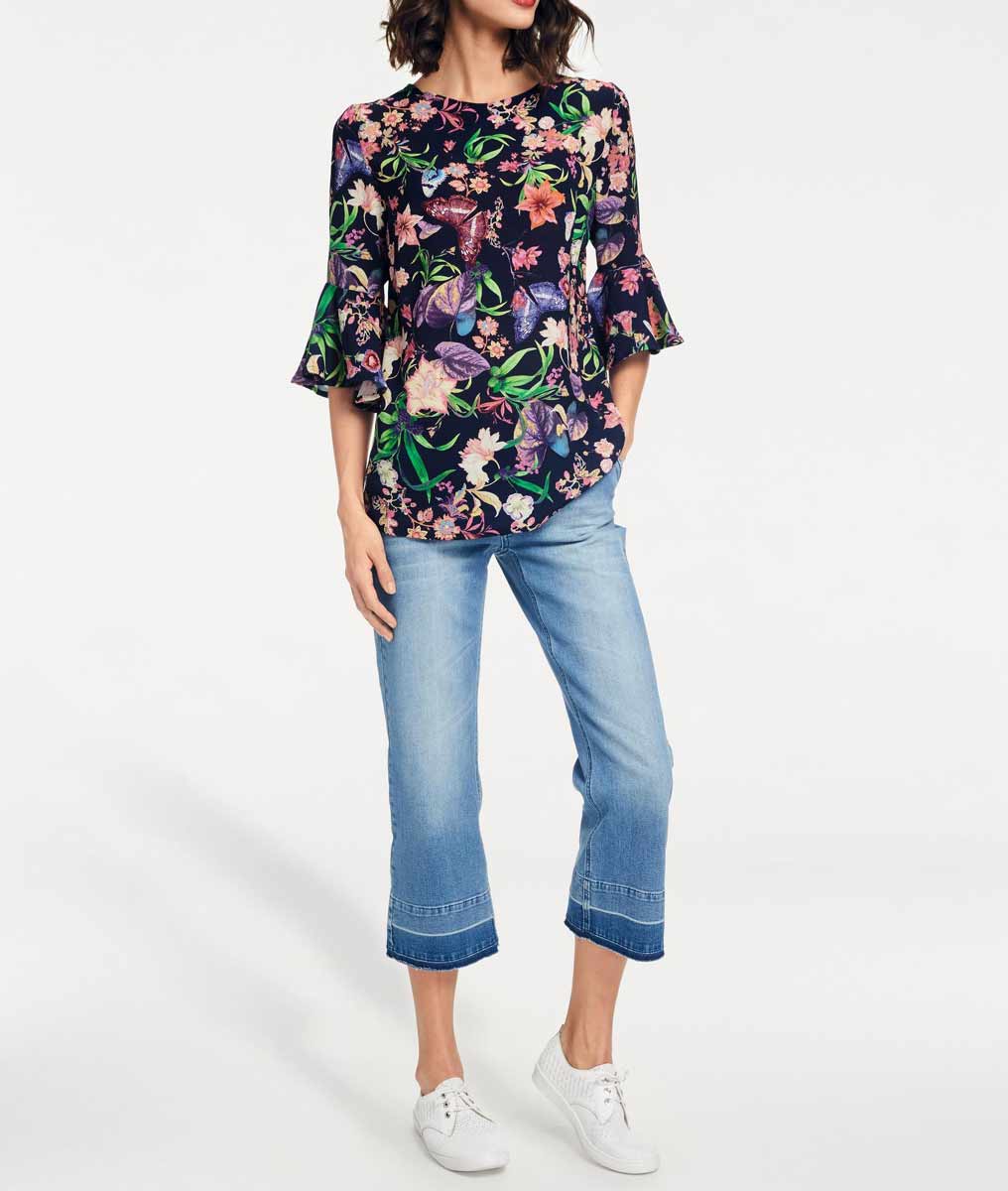 Rick Cardona Damen Designer-Bluse mit Volants, marine-bunt