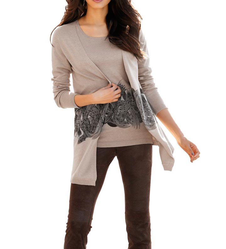 Heine Damen Cardigan mit Strass, taupe-schwarz