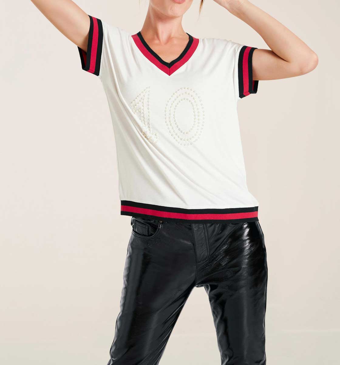 Heine Damen Jersey-Shirt mit Perlen, ecru