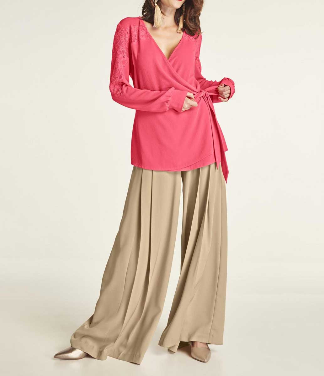 Heine Damen Wickelbluse mit Spitze, hummer