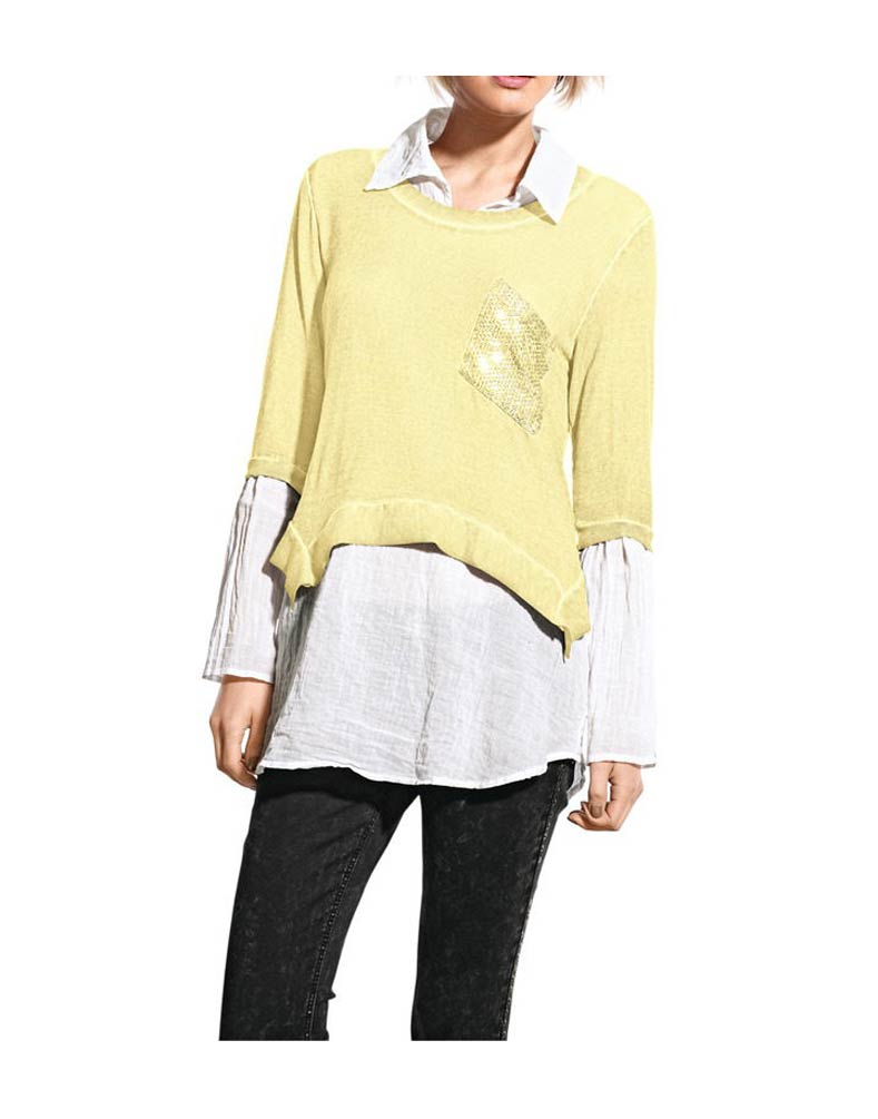 Mandarin Shirt 2-Teiler, gelb-weiß