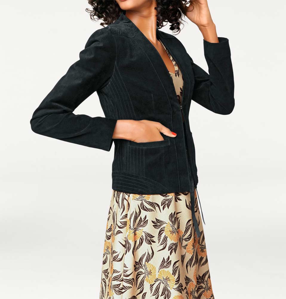 Ashley Brooke Damen Designer-Velourslederjacke, schwarz