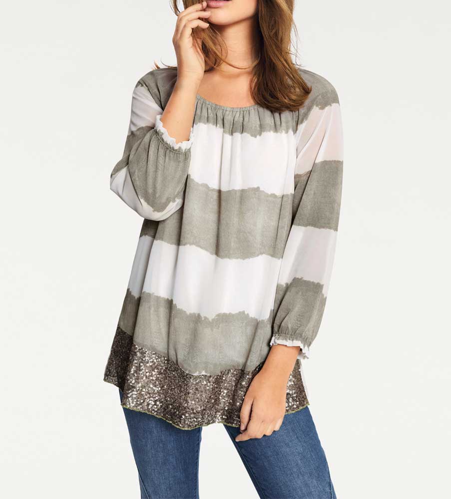 Heine - Best Connections Damen Chiffonbluse, khaki-weiß