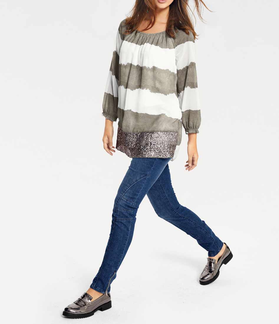 Heine - Best Connections Damen Chiffonbluse, khaki-weiß
