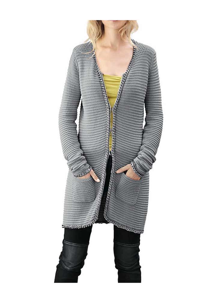 Mandarin Damen Strickjacke mit Kette, grau